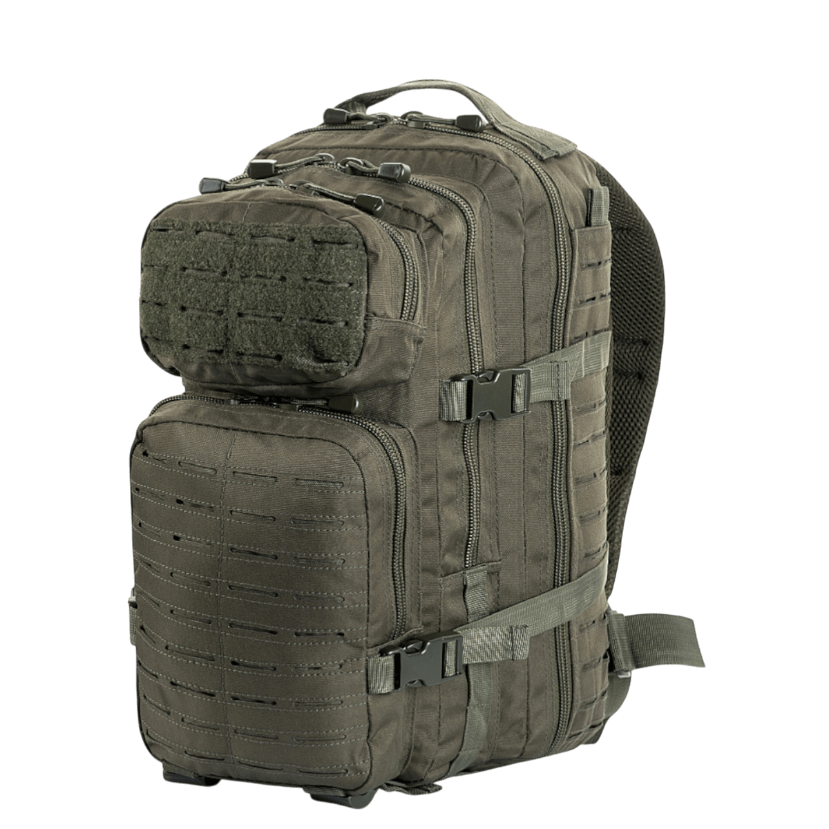 M-Tac Large Assault Pack Rygsæk Laser Cut med MOLLE-system og justerbare polstrede skulderremme, set fra siden.