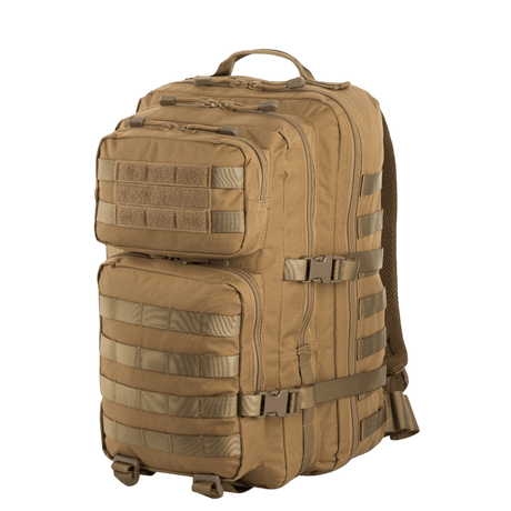 M-Tac Large Assault Pack -reppu MOLLE-järjestelmällä, kaksi isoa taskua, lisätaskut edessä ja säädettävät olkahihnat, ruskea.
