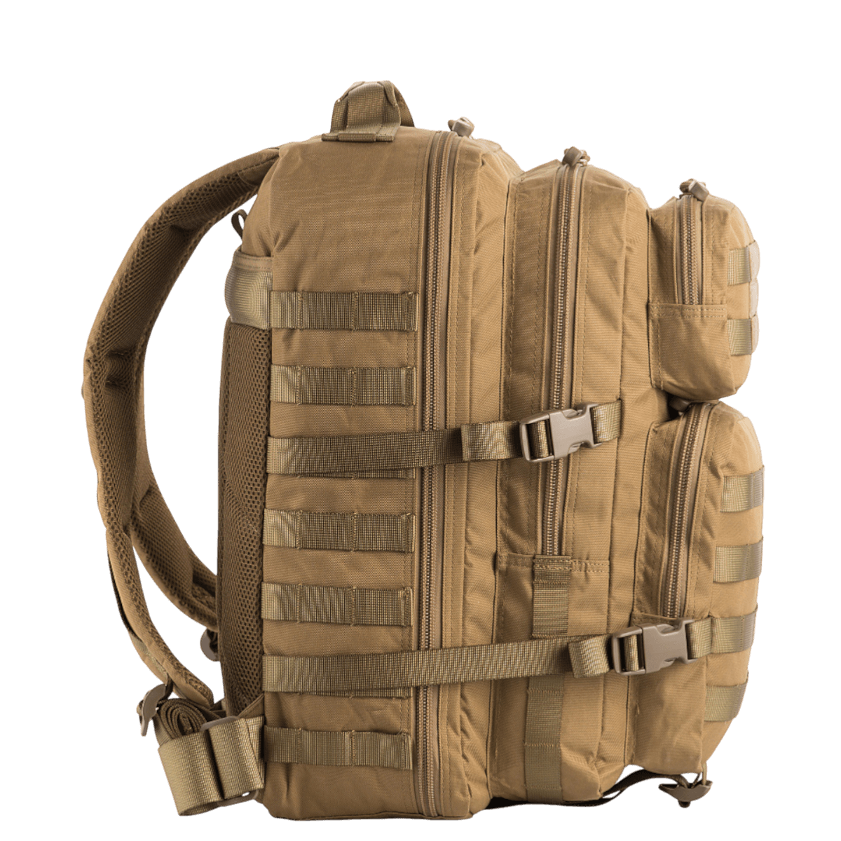M-Tac Large Assault Pack Rygsæk i beige med MOLLE-system og flere lynlåslommer, perfekt til bybrug og korte vandreture.