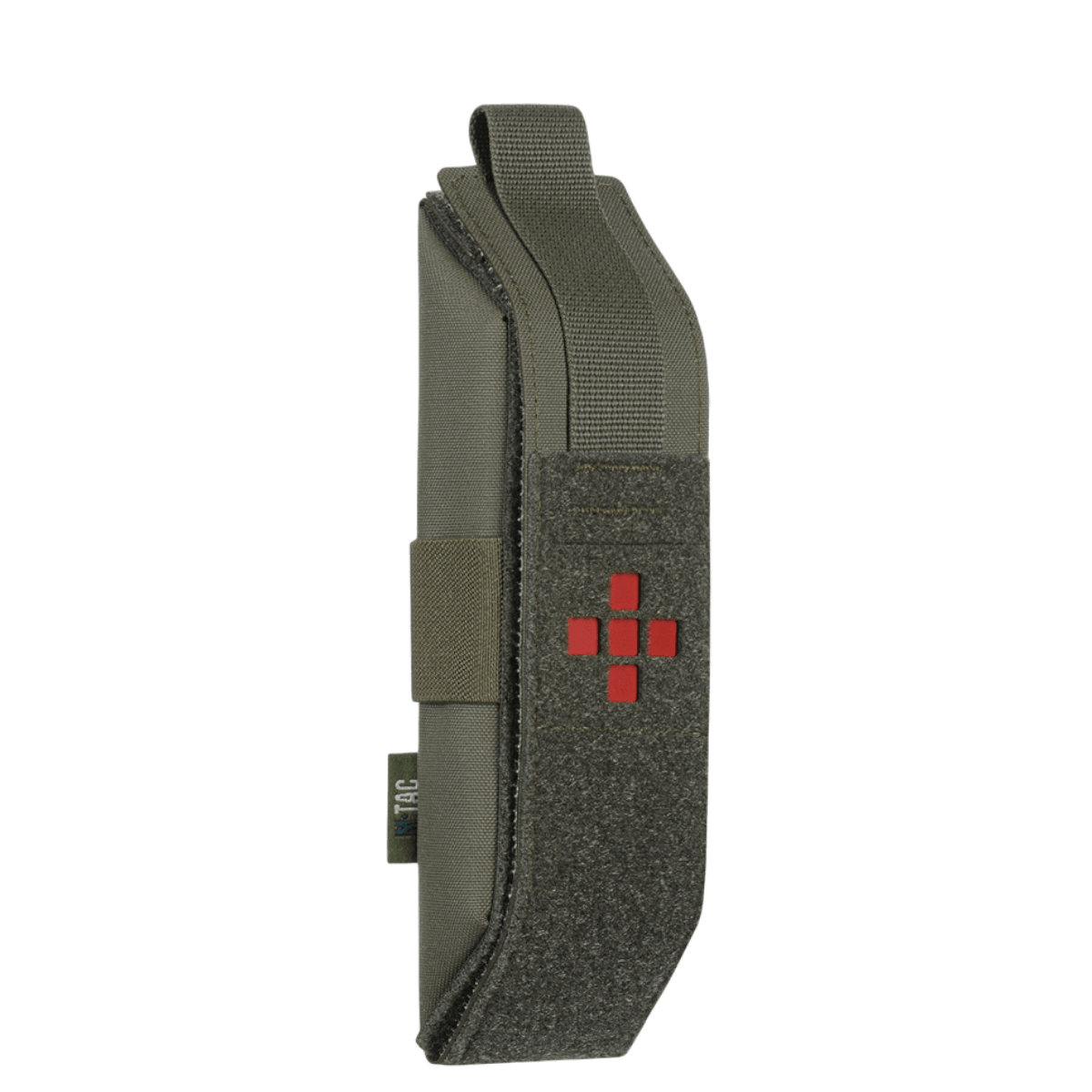 M-Tac Lomme til Tourniquet Closed i olivengrøn med rød korsbroderi, sideprofil.