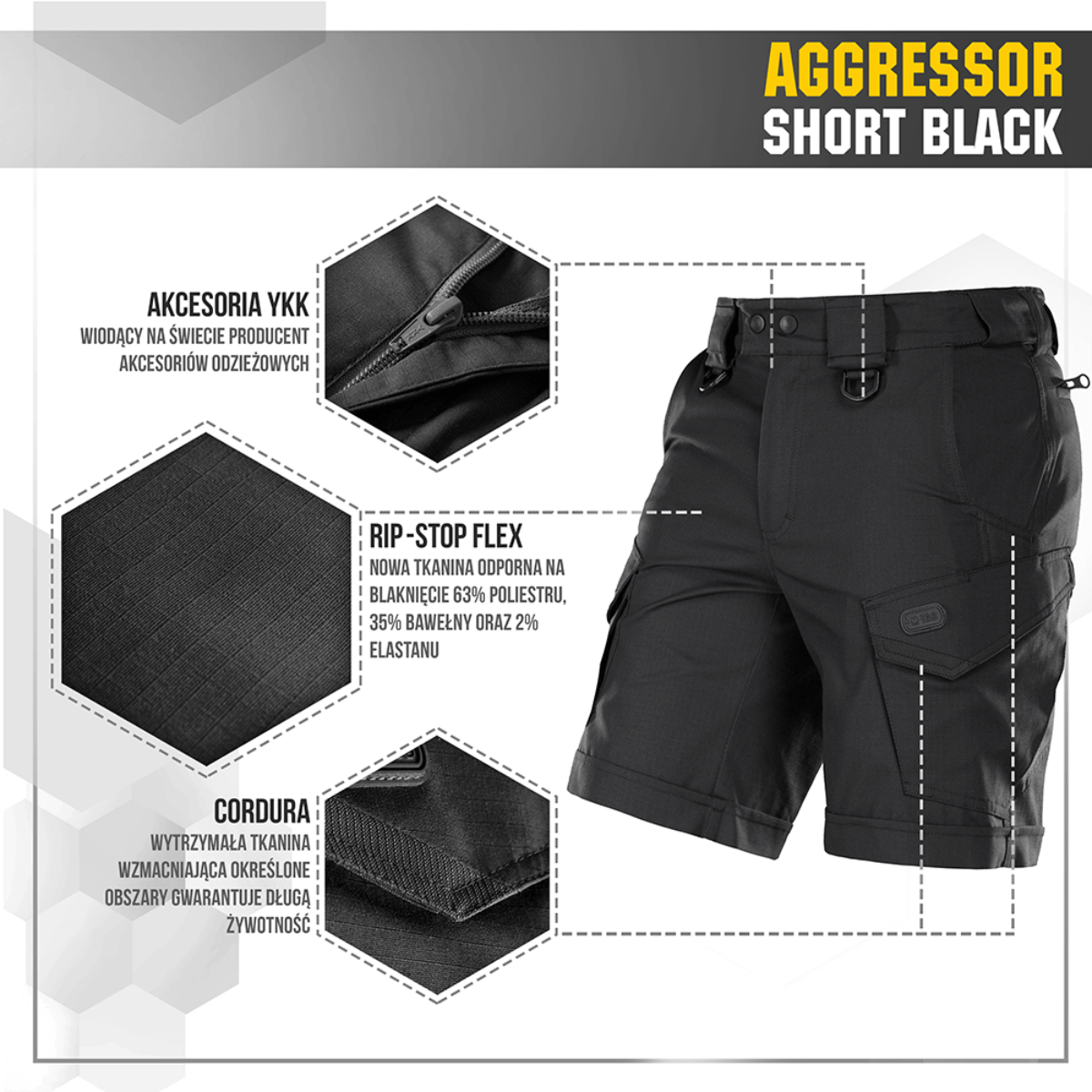 M-Tac Shorts Aggressor Short i sort med taktiske funktioner og materialer som YKK lynlåse, ripstop flex, og Cordura for holdbarhed.