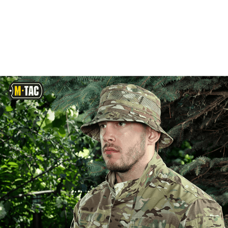 M-Tac Panamahat med Net Elite NYCO i multicam med kort skygge, meshpaneler og båndsyet kant, vist i gallery position 1 på mannequin