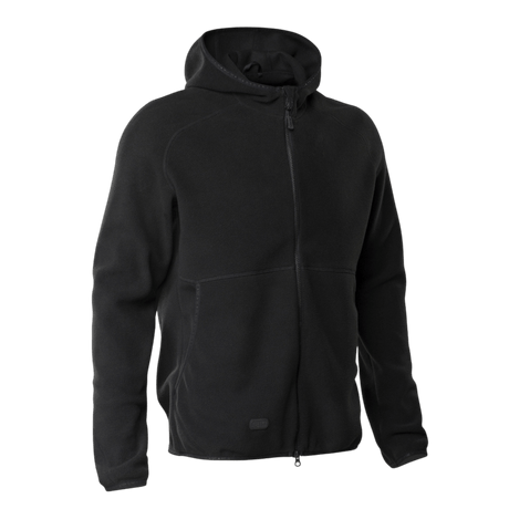 Sort M-Tac Lite Microfleece Hættetrøje med hætte og lynlås, perfekt til træning og friluftsliv, lavet af åndbar, elastisk mikrofleece.