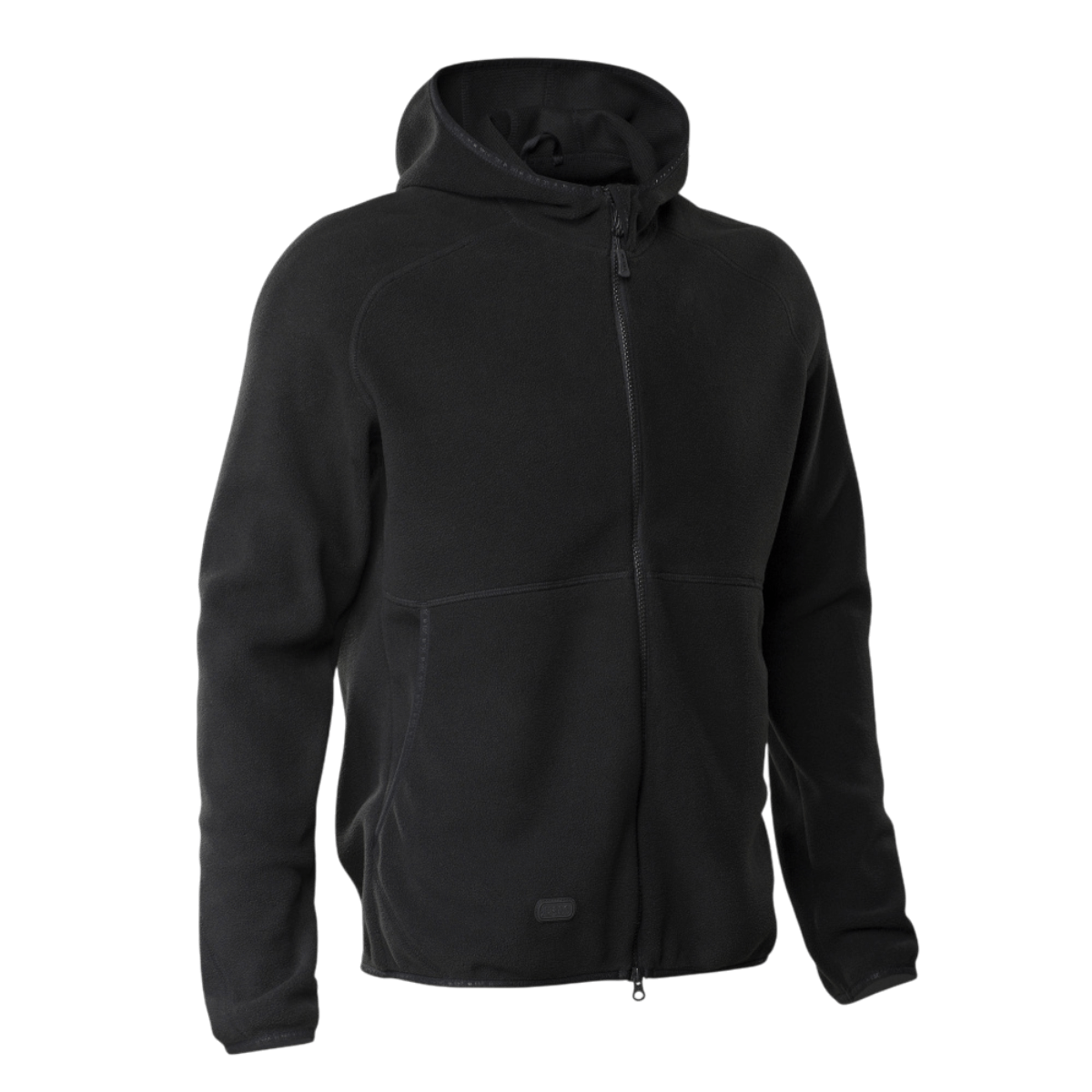 Sort M-Tac Lite Microfleece Hættetrøje med hætte og lynlås, perfekt til træning og friluftsliv, lavet af åndbar, elastisk mikrofleece.