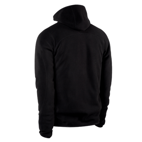 Bagside af M-Tac Lite Microfleece Hættetrøje i sort mikrofleece, viser hætte og elastiske ærmeafslutninger for komfortabel pasform.