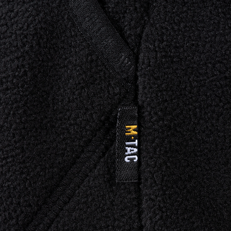 M-Tac Lite Microfleece Hættetrøje med M-Tac-logo kantet med elastisk bånd for god pasform. Sort mikrofleece detaljevisning.