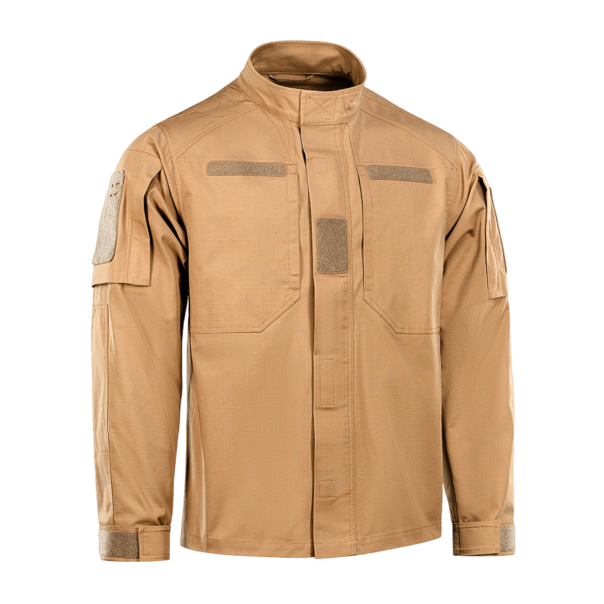 M-Tac Jakke Patrol Flex i sandfarve med velcro paneler, YKK fittings og taktiske detaljer til praktisk brug.