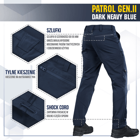 M-Tac Tactical Bukser Patrol Gen II Flex i mørk navy blå set bagfra med detaljeret fokus på funktionerne.