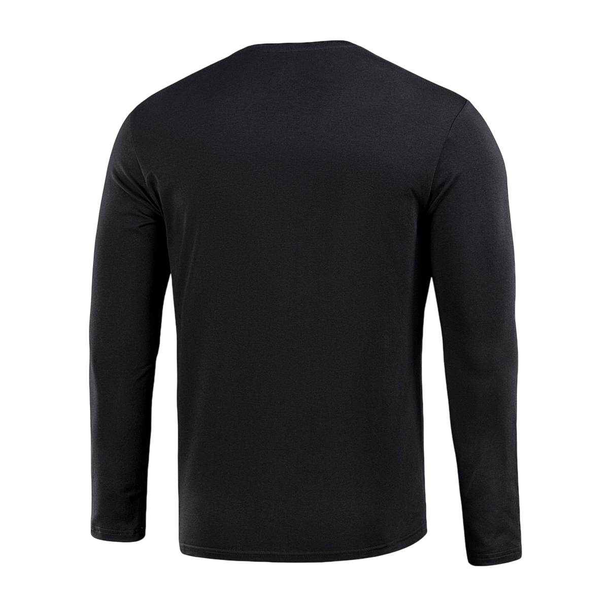 Bagside af M-Tac Long-sleeve T-shirt 93/7 i sort, lavet af 93% bomuld og 7% elastan, ideel til hverdag, uniformer og udendørsaktiviteter.