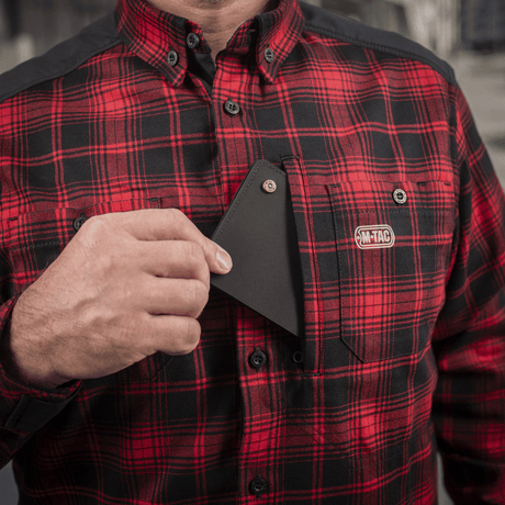 M-Tac Redneck Skjorte i navy blå/gul plaid, komfortabel til arbejde og fritid, med justerbare velcro-ærmer og forstærkede skuldre.