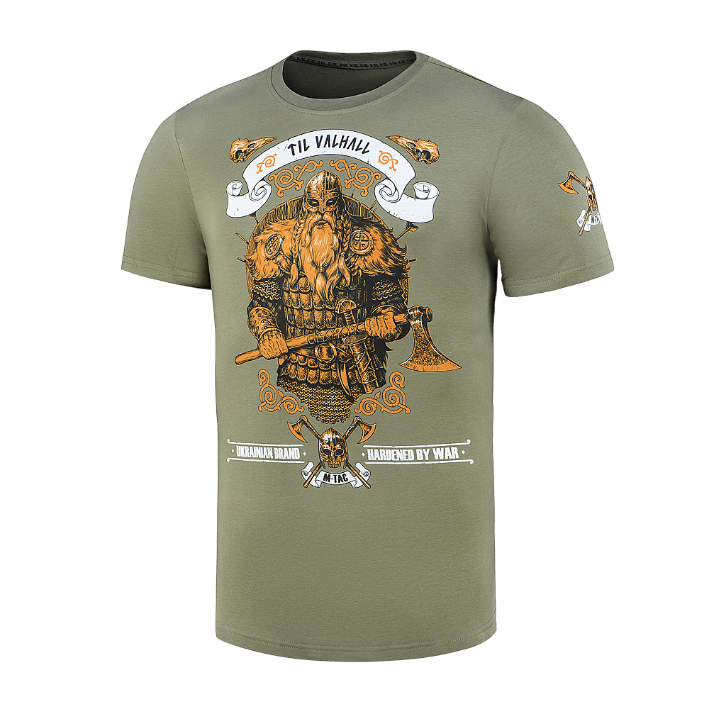 M-Tac T-shirt Viking med en viking i kampudrustning og teksten 'Til Valhall', ideel til dem, der værdsætter styrke og ære.