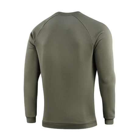 M-Tac Sweatshirt Cotton Hard i olivengrøn vises bagfra, lavet af 100% bomuld, 390 g/m², med ribkanter og reflekterende logo på brystet.