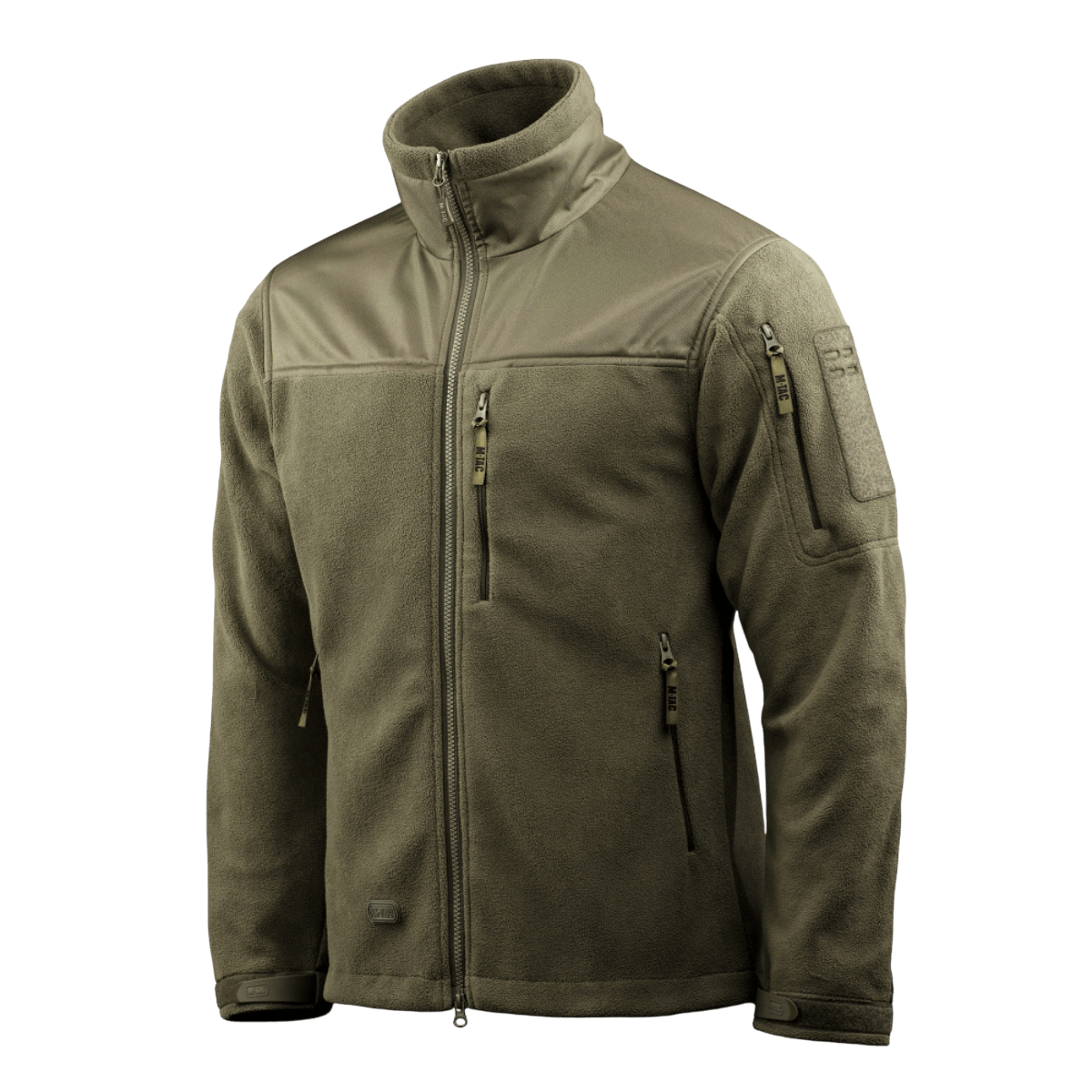 M-Tac Alpha Microfleece Jakke Gen.II i olivengrøn, designet til taktisk brug og outdoor-aktiviteter, forstærket med slidstærkt Oxford nylon.