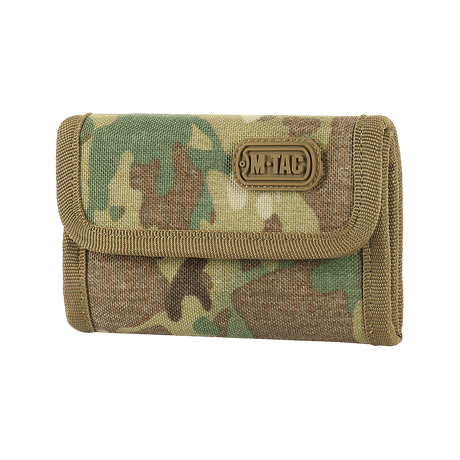 M-Tac Pung Elite Gen.II robustista Cordura 500D:stä, kompakti malli korteille ja käteiselle, camokuvio, M-Tac-logo.