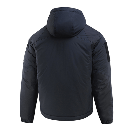 M-Tac Alpha Gen.III Pro Vinterjakke set bagfra, blå vinterjakke med fastsyet hætte og forstærkede albuer, ideel til -20°C.