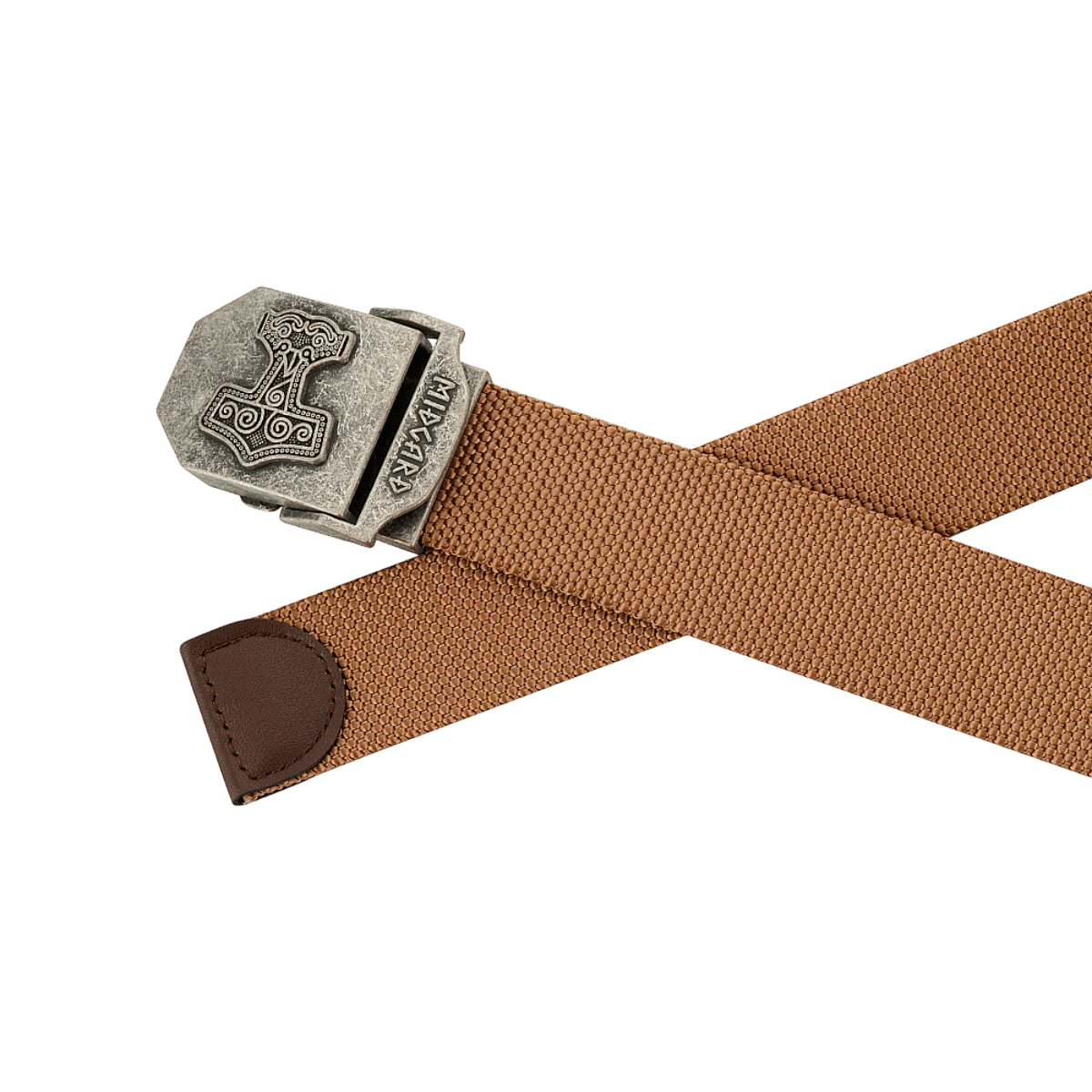 M-Tac Thors Hammer Bælte – Militærstil og funktionalitet i brun nylon med metalspænde, ideelt til jagt eller friluftsliv.