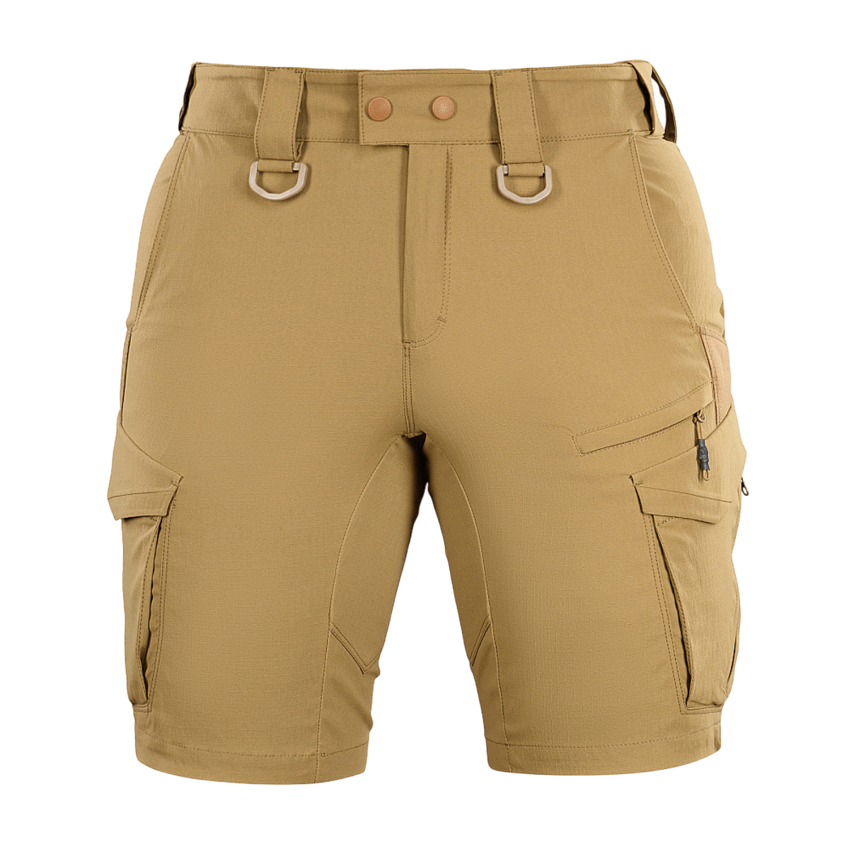 M-Tac Aggressor Summer Flex Shorts i sandfarve, lette taktiske shorts med justerbar talje og mange funktionelle lommer.