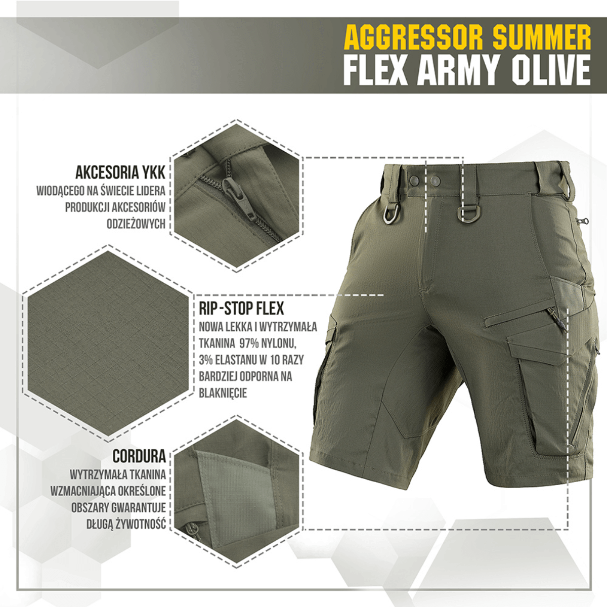 Billede af M-Tac Aggressor Summer Flex Shorts i armygrøn, letvægts-Rip-Stop Flex stof med YKK lynlås og flere lommer, ideelle til outdoor-aktiviteter.