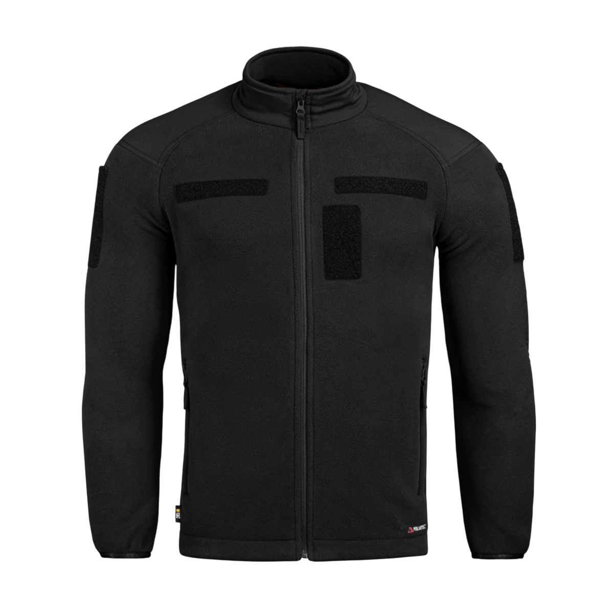 M-Tac Combat Fleece Polartec Jakke i sort med Polartec® fleece og YKK lynlåse, designet til taktisk og casual brug, vises forfra.