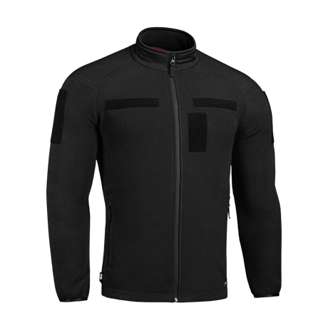 M-Tac Combat Fleece Polartec Jakke i sort med YKK lynlåse og velcro-paneler, ideel til taktisk og casual brug.