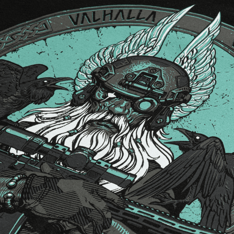 M-Tac Raglan Odin Mystery med tema af Odin, den øverste nordiske gud, illustreret med krage og moderne rustning