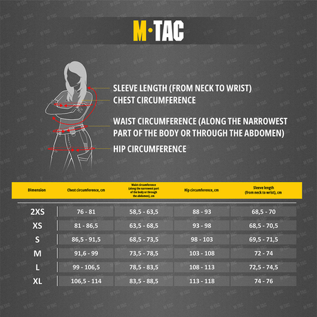 Størrelsesguide for M-Tac Stalker Gen. III Primaloft Jakke med mål for ærmelængde, bryst, talje og hofter.