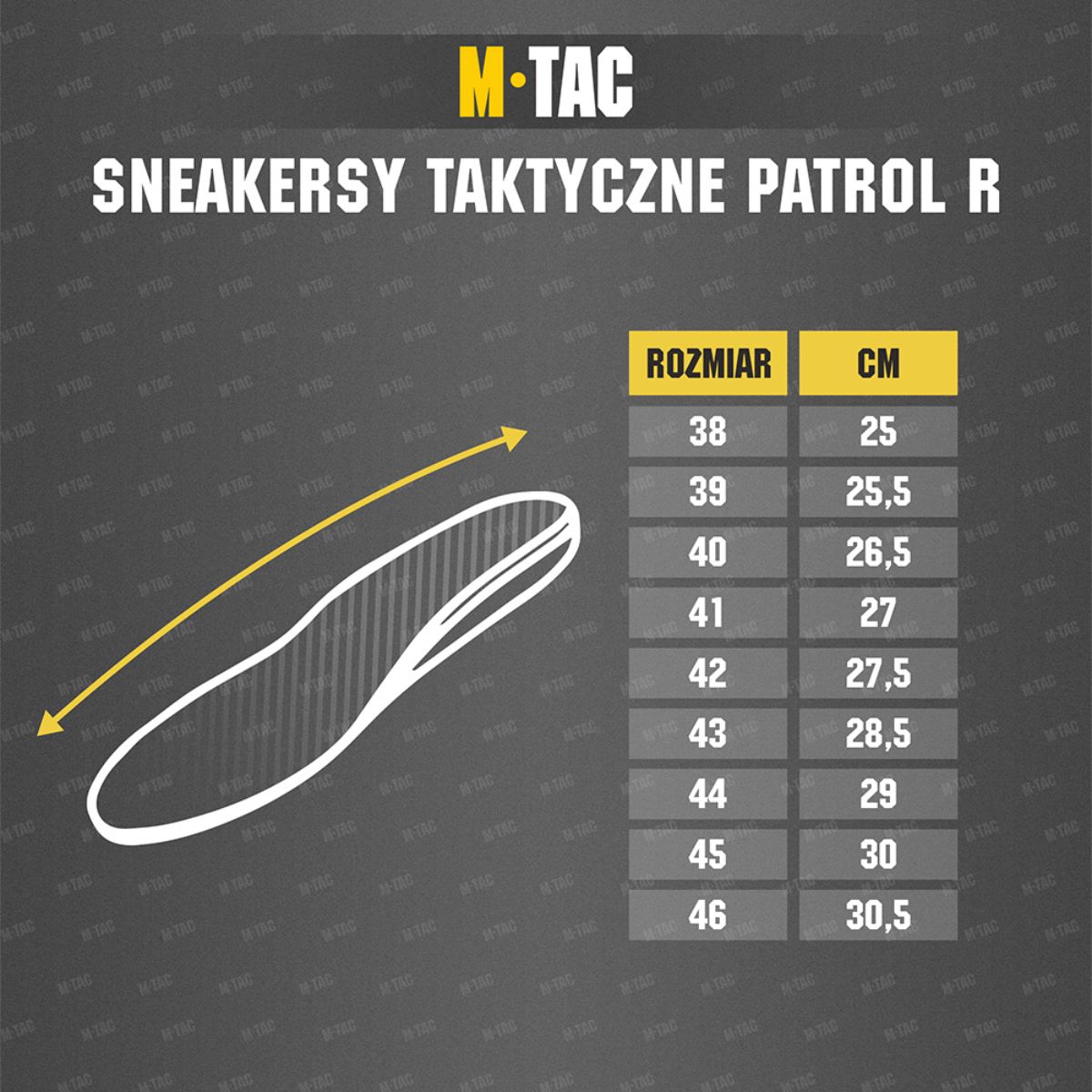 Skostørrelser for M-Tac Tactical Sneakers Patrol R Vent med måling i centimeter fra størrelse 38 til 46