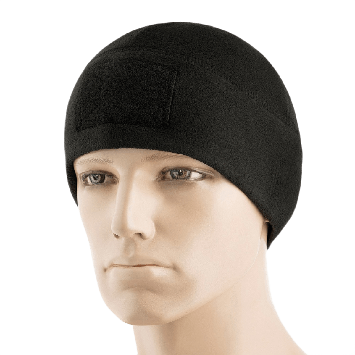 M-Tac Fleece Tactical Watch Cap Beanie m. Patch Panel i sort fleece, perfekt til taktisk brug og udendørsaktiviteter.