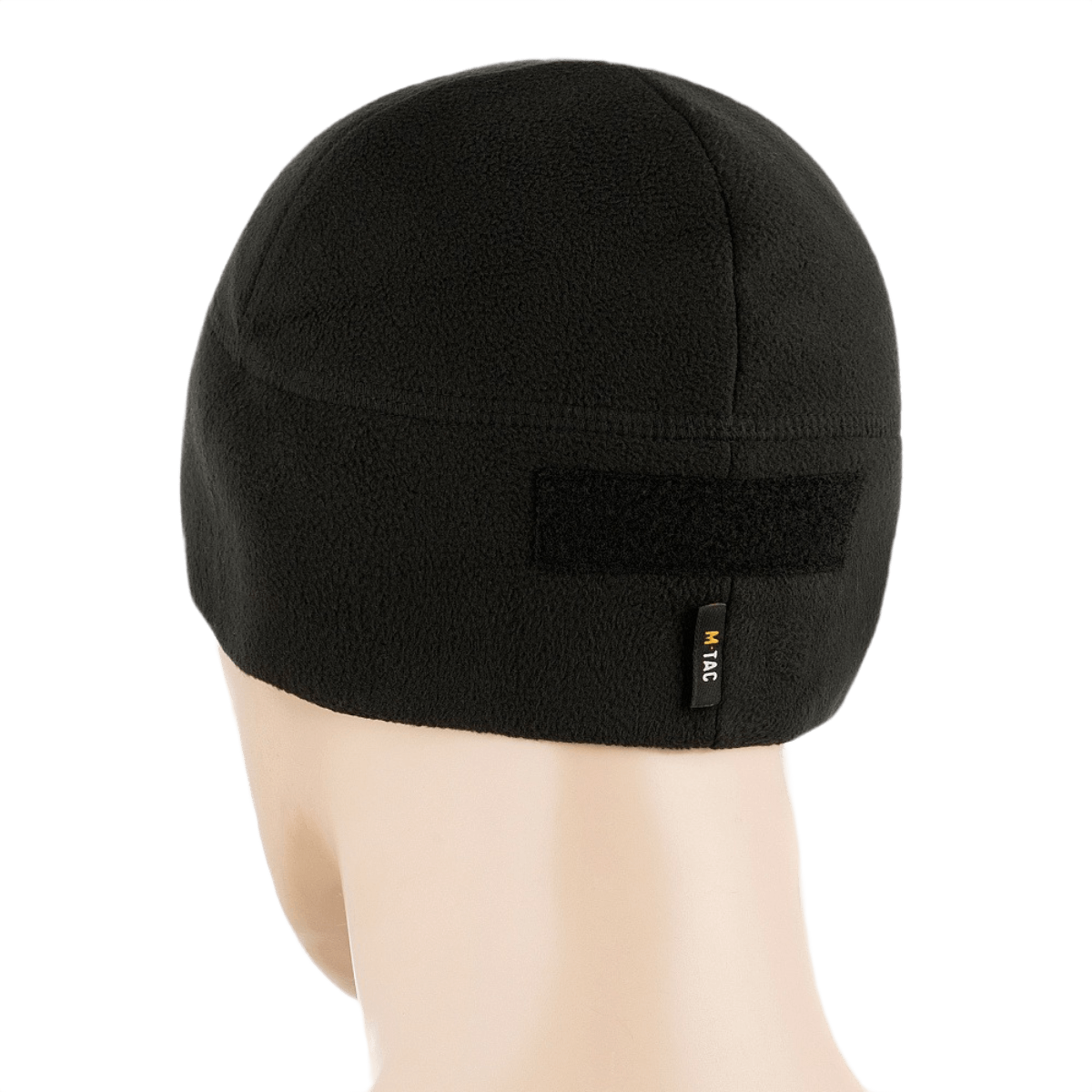 M-Tac Fleece Tactical Watch Cap Beanie m. Patch Panel i sort set bagfra, viser bagpanel til patches, perfekt til taktisk brug.
