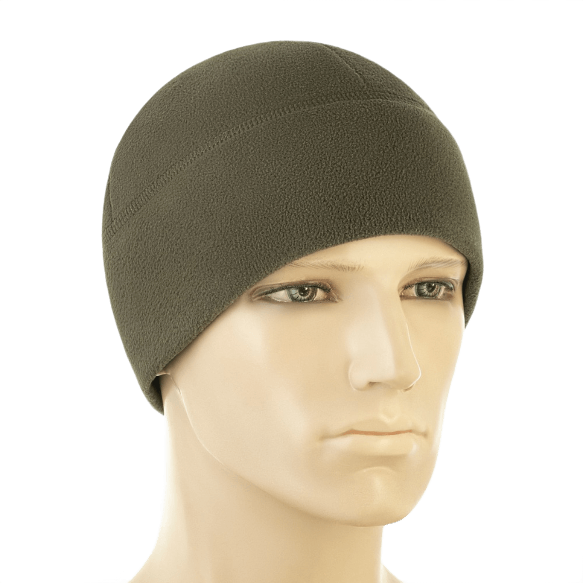 M-Tac Watch Cap Elite Fleece Beanie Hat Slimtex i olivengrøn på mannequin, varm og let til taktisk brug, friluftsliv eller vinteraktiviteter.