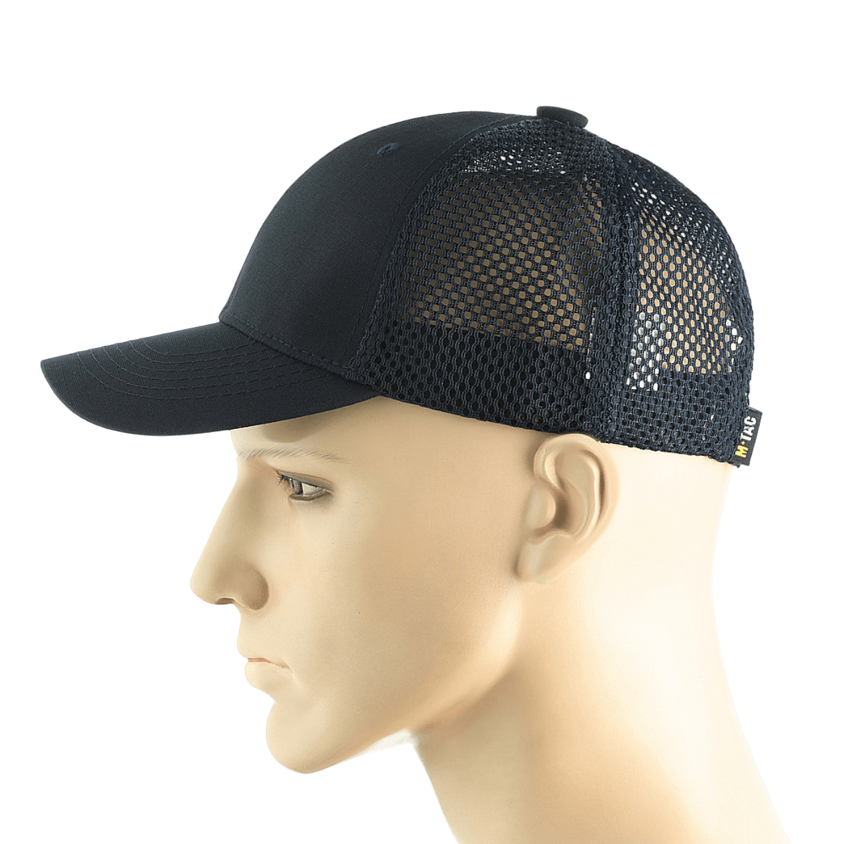 M-Tac Mesh Flex Ripstop Baseball Cap i sort med ventilationspaneler på hver side, set på en mannequinhoved. Praktisk og holdbar til udendørs brug.
