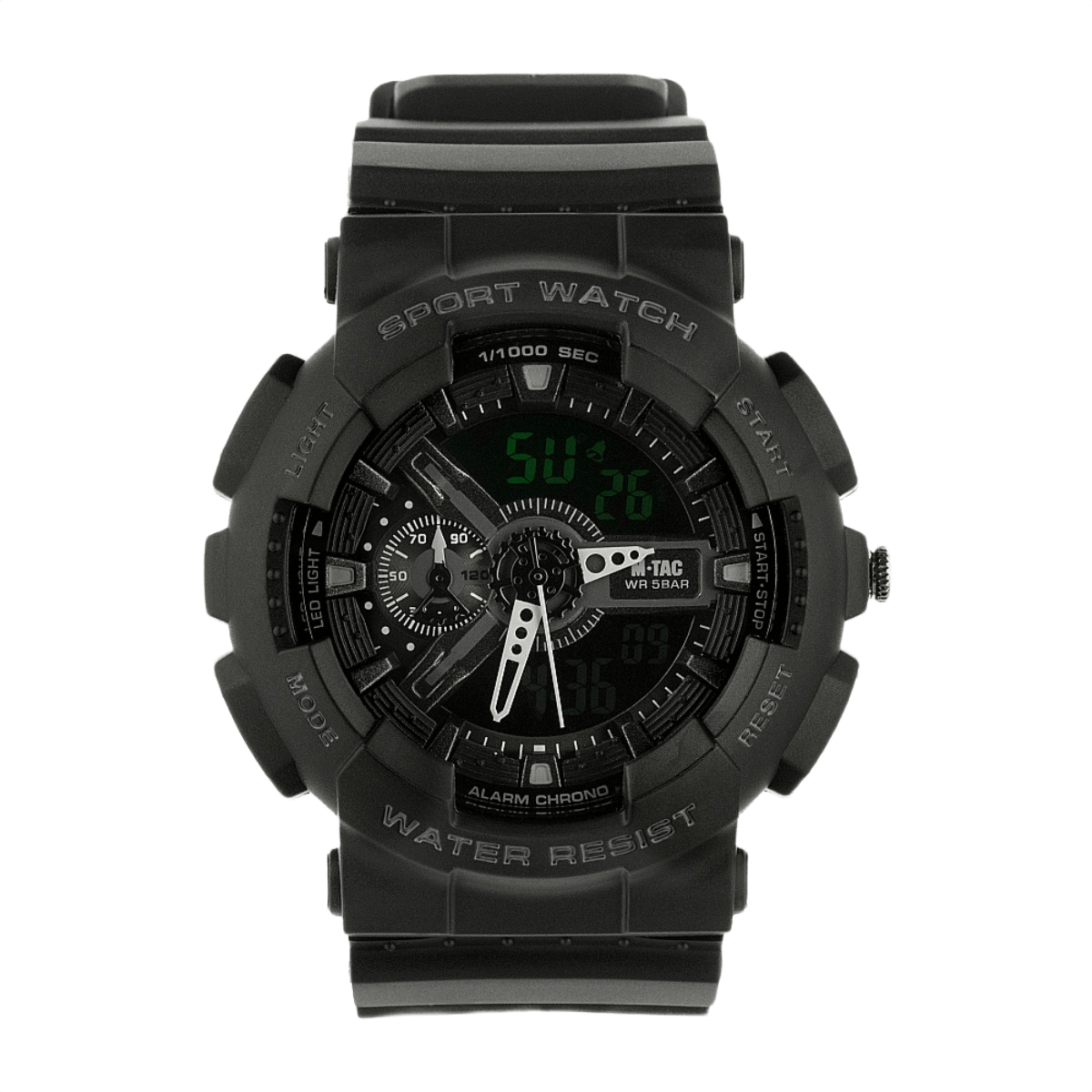 M-Tac Sport Ur med robust polycarbonat urkasse, sort silikonerem, stopur og LED-baggrundsbelysning. Perfekt til sportsentusiaster.
