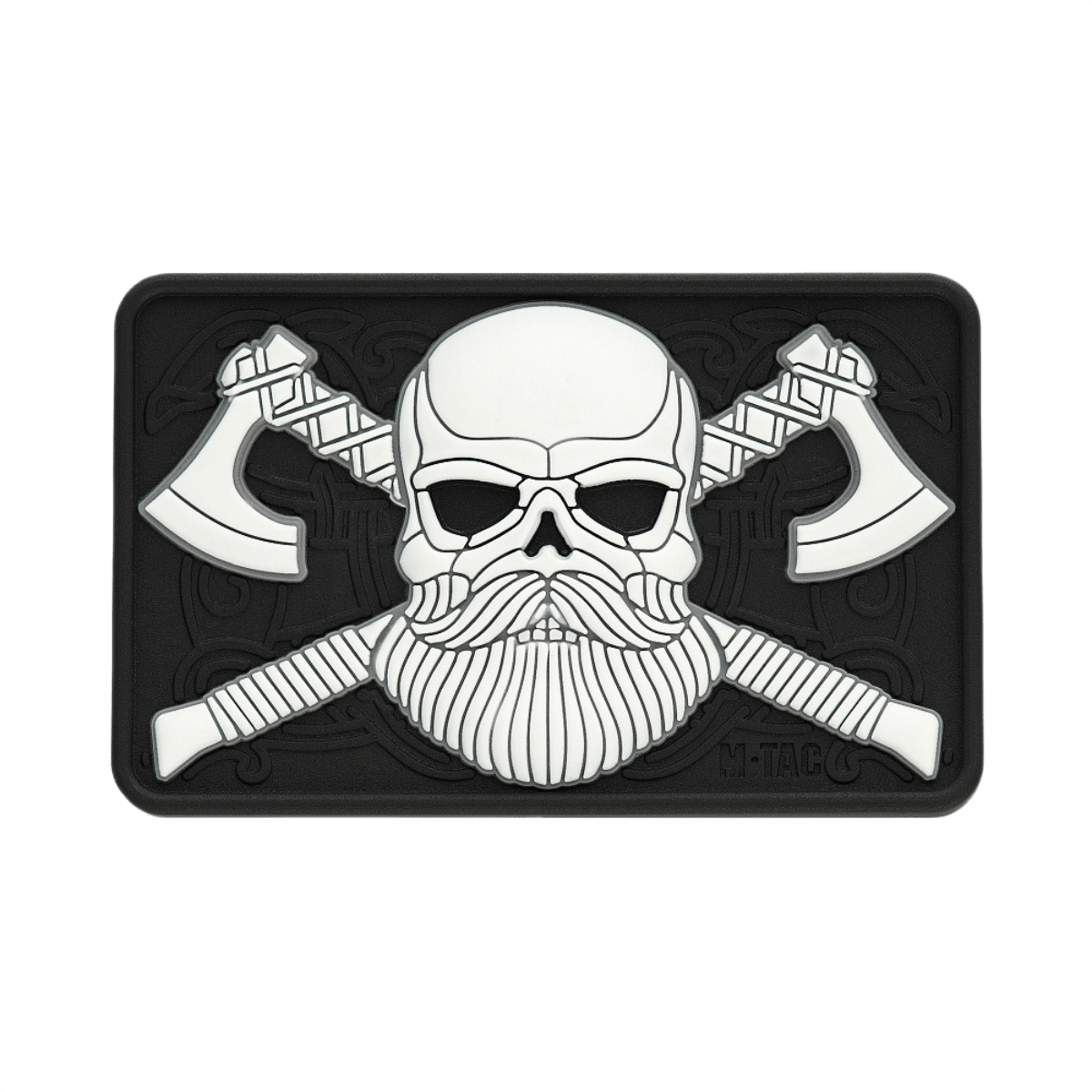 M-Tac Bearded Skull 3D PVC Patch med to økser og skægget kranium i sort og hvidt design, fastgøres med velcro.