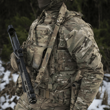 M-Tac Universal Våbenrem, multicam nylon, säädettävä pituus ja karabiinihaka, taktiiseen aseen käsittelyyn, galleria, positio 1