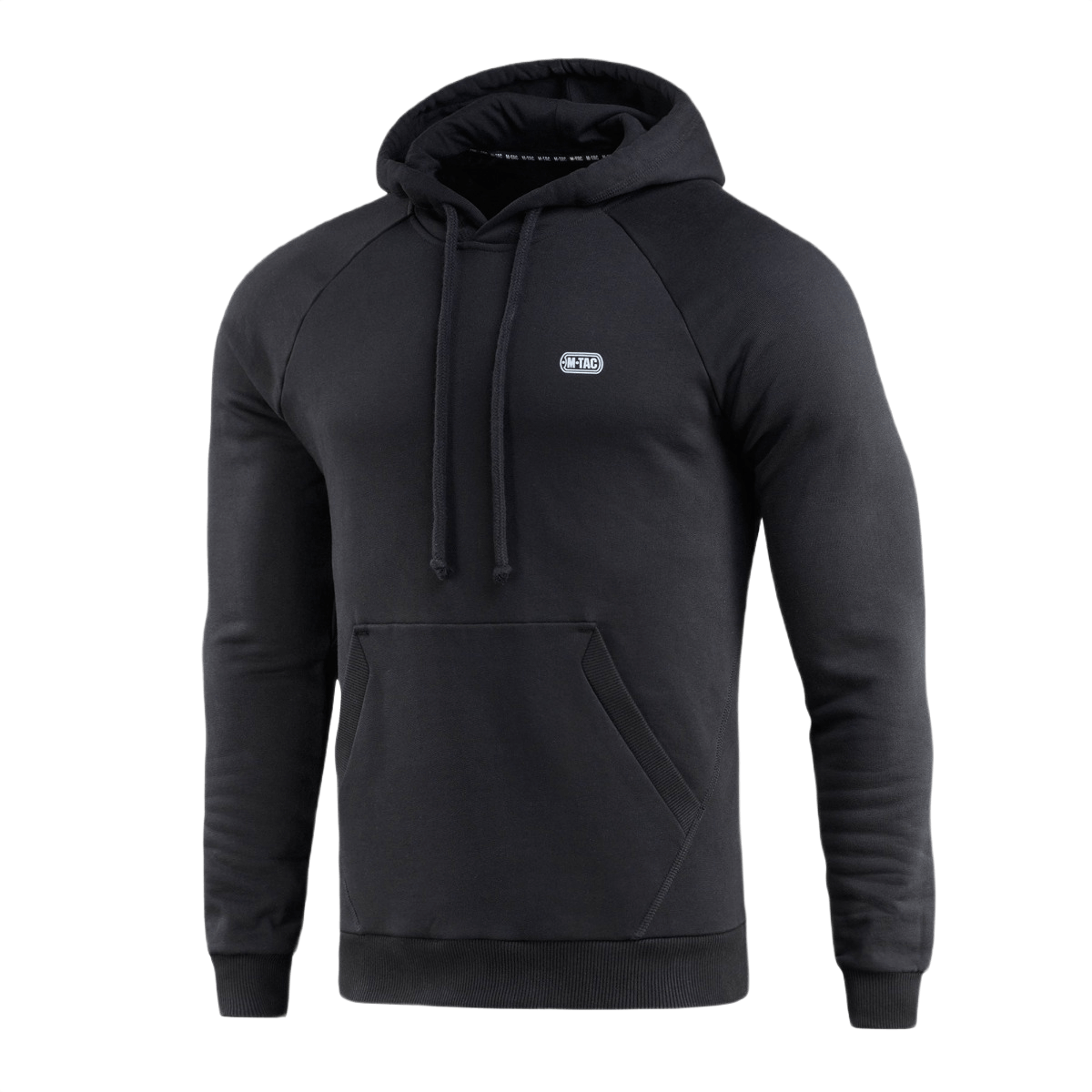 Sort M-Tac Cotton Raglan Hard Hoodie i 100% bomuld med kængurulomme, perfekt til efterår, vinter og forår. Komfortabel og varm.