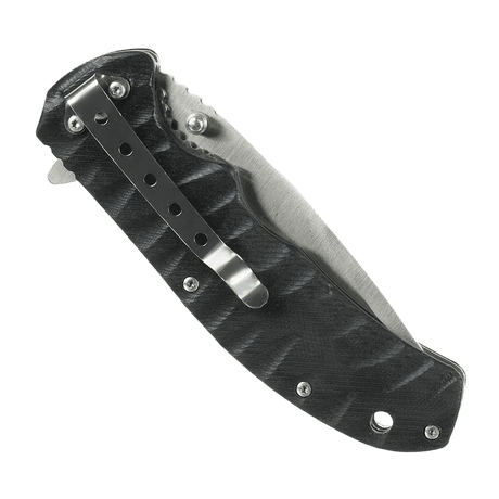 M-Tac Outdoor & Militær taittoveitsi - Type 8, kromiruostumaton terä ja Clip Point -muoto, suljettuna, muotoiltu kahva näkyvissä.