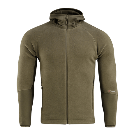 M-Tac Polartec Sport Hættetrøje i grøn farve, der tilbyder varmeisolering og åndbarhed, perfekt til fysisk aktivitet under skiftende vejrforhold.