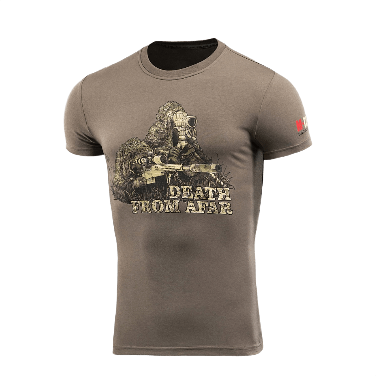 M-Tac Sniper T-shirt med teksten 'Death From Afar', fremstillet af 93% bomuld og 7% elastan for komfort og holdbarhed.