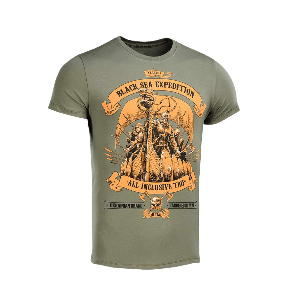M-Tac T-shirt Black Sea Expedition i olivengrøn med premium print, lavet af 93% bomuld og 7% elastan, ideel til aktive livsstile.