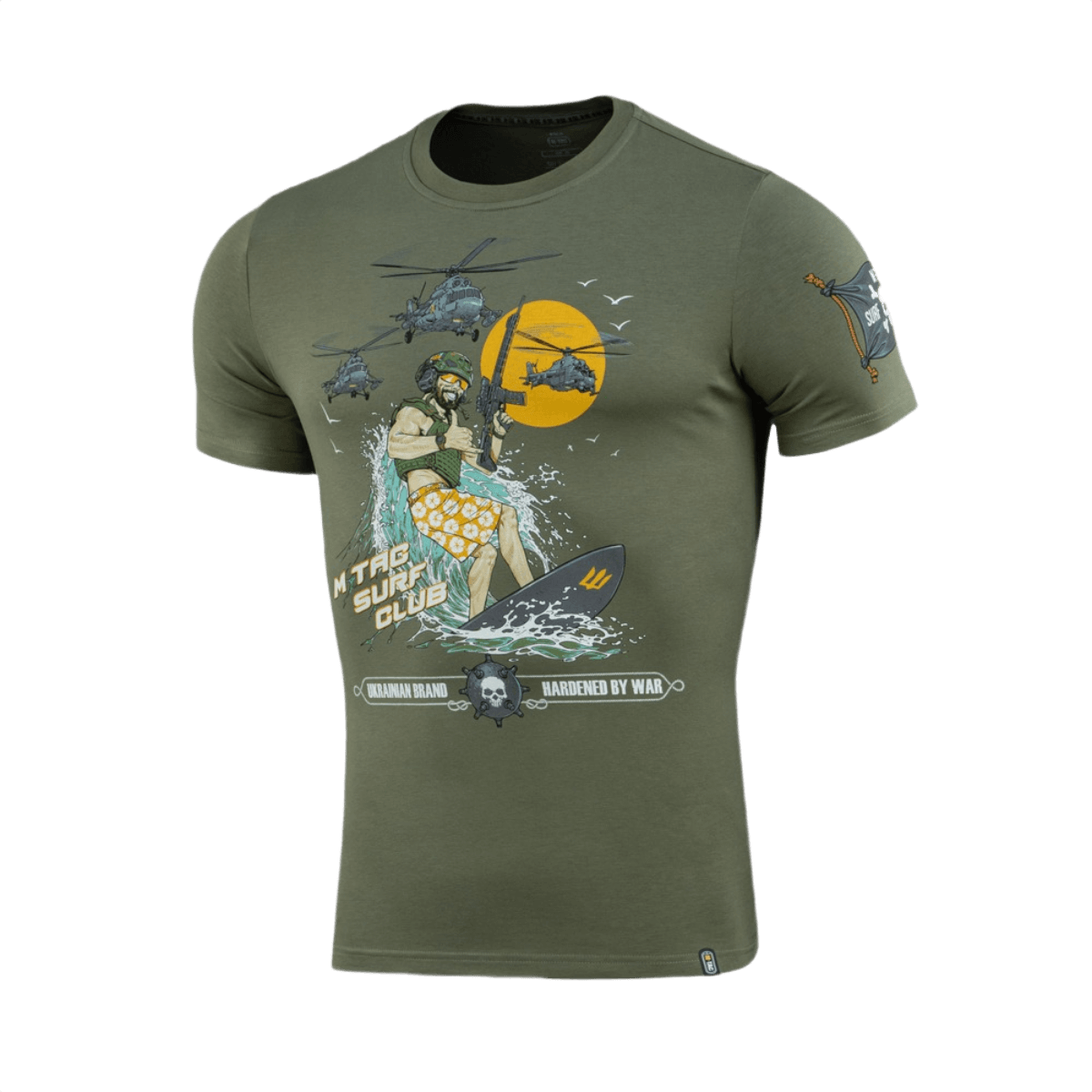 M-Tac T-Shirt Surf Club - grøn t-shirt med surfende soldat og helikoptere, inspireret af krigsfilm og specialoperationer, premium print