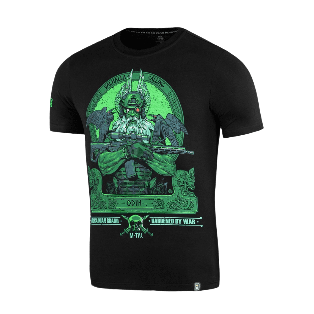 M-Tac T-Shirt Night Vision med print af Odin i kampudstyr og NVG-hjelm, med teksten 'Valhalla Calling' og ravnene Hugin og Munin.