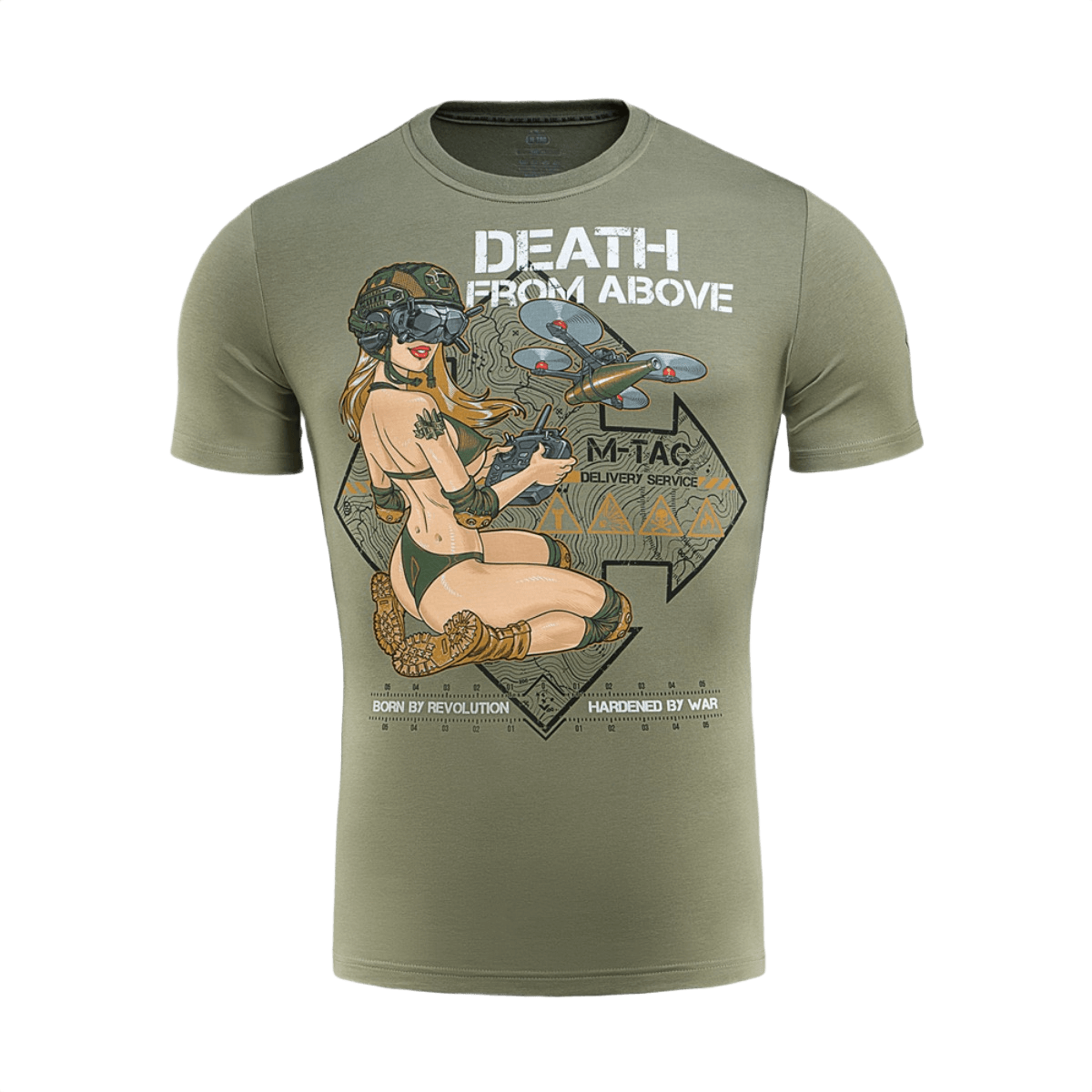 M-Tac T-Shirt Delivery Service inspireret af Pin-Up-kultur fra Anden Verdenskrig, med FPV-briller og droneprint, "Death from Above" tekst.