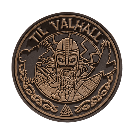M-Tac Patch Til Valhall PVC med vikingedesign og ravne, perfekt til uniformer, tasker eller taktisk udstyr. Velcro-bagside, diameter 80 mm.