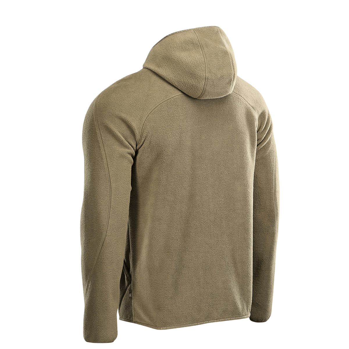Bagside af M-Tac Lite Microfleece Hættetrøje i khaki farve med hætte, designet til komfort og bevægelsesfrihed.
