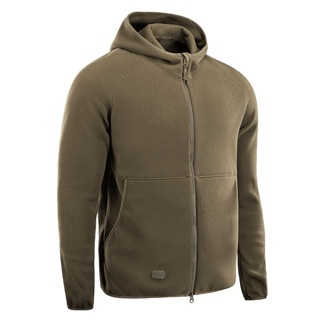 M-Tac Lite Microfleece Hættetrøje i lysebrun, let og elastisk materiale med hætte og lynlås, perfekt til hverdag og friluftsliv.