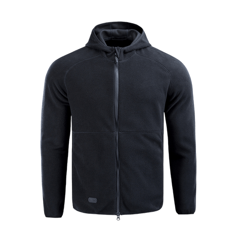M-Tac Lite Microfleece Hættetrøje i sort, en let og elastisk mikrofleece hoodie med hætte og elastisk kant for bevægelsesfrihed og komfort.