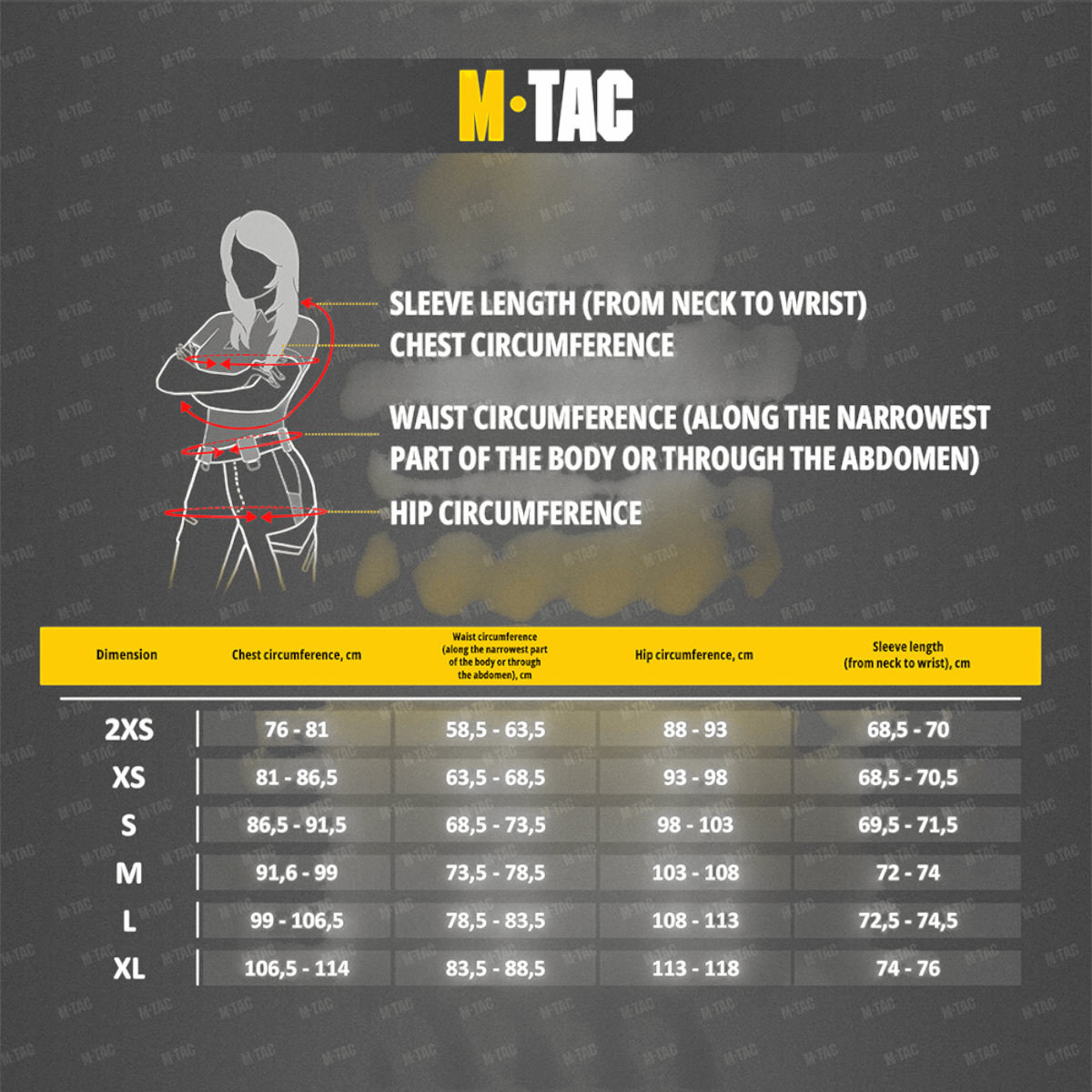 Størrelsesguide for M-Tac Combat Fleece Jakke Polartec Dame med målinger for bryst, talje og hofte.