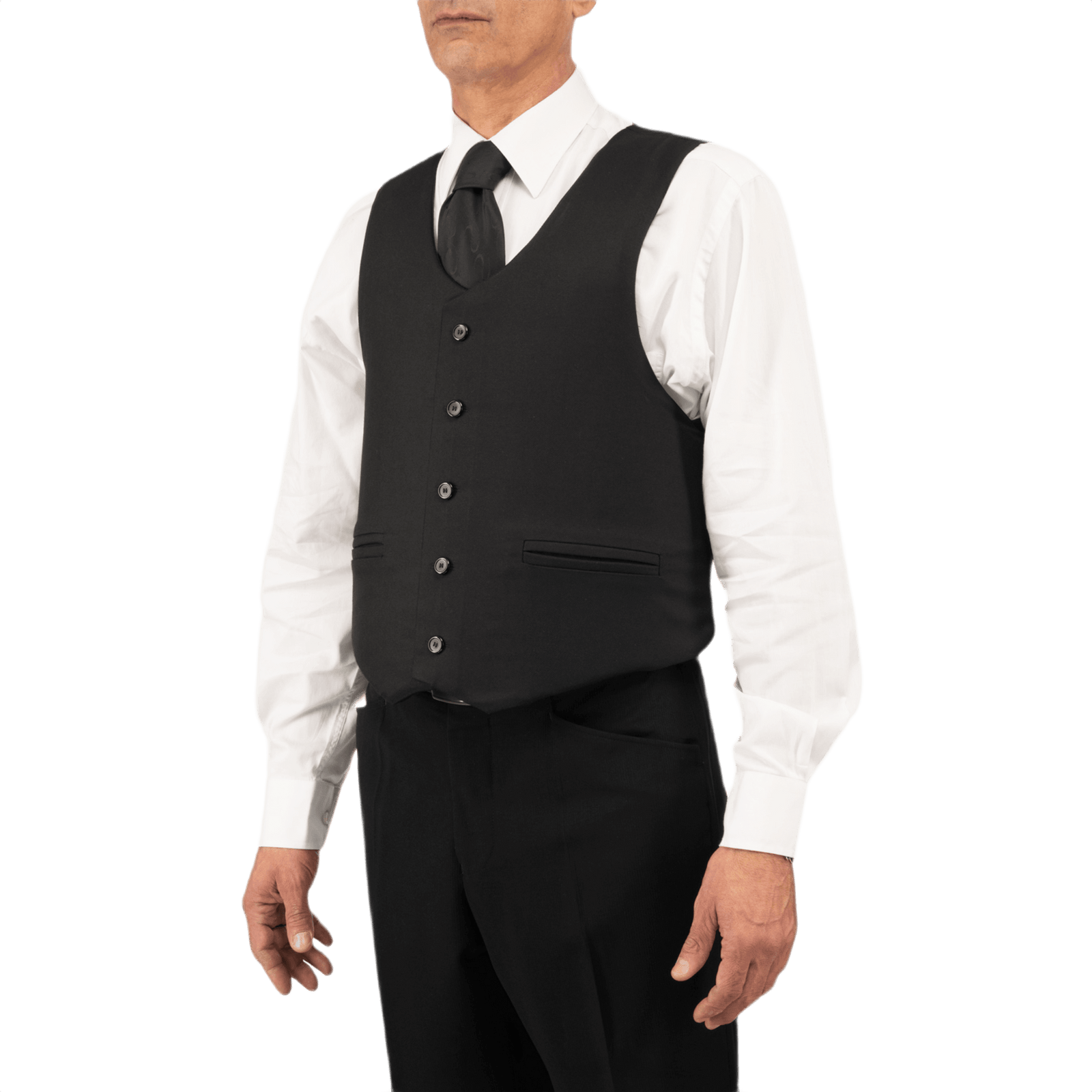 Anorak VIP I Cover - herre iført sort jakkesæt vest til kropsdækning og lav synlighed, set fra siden.