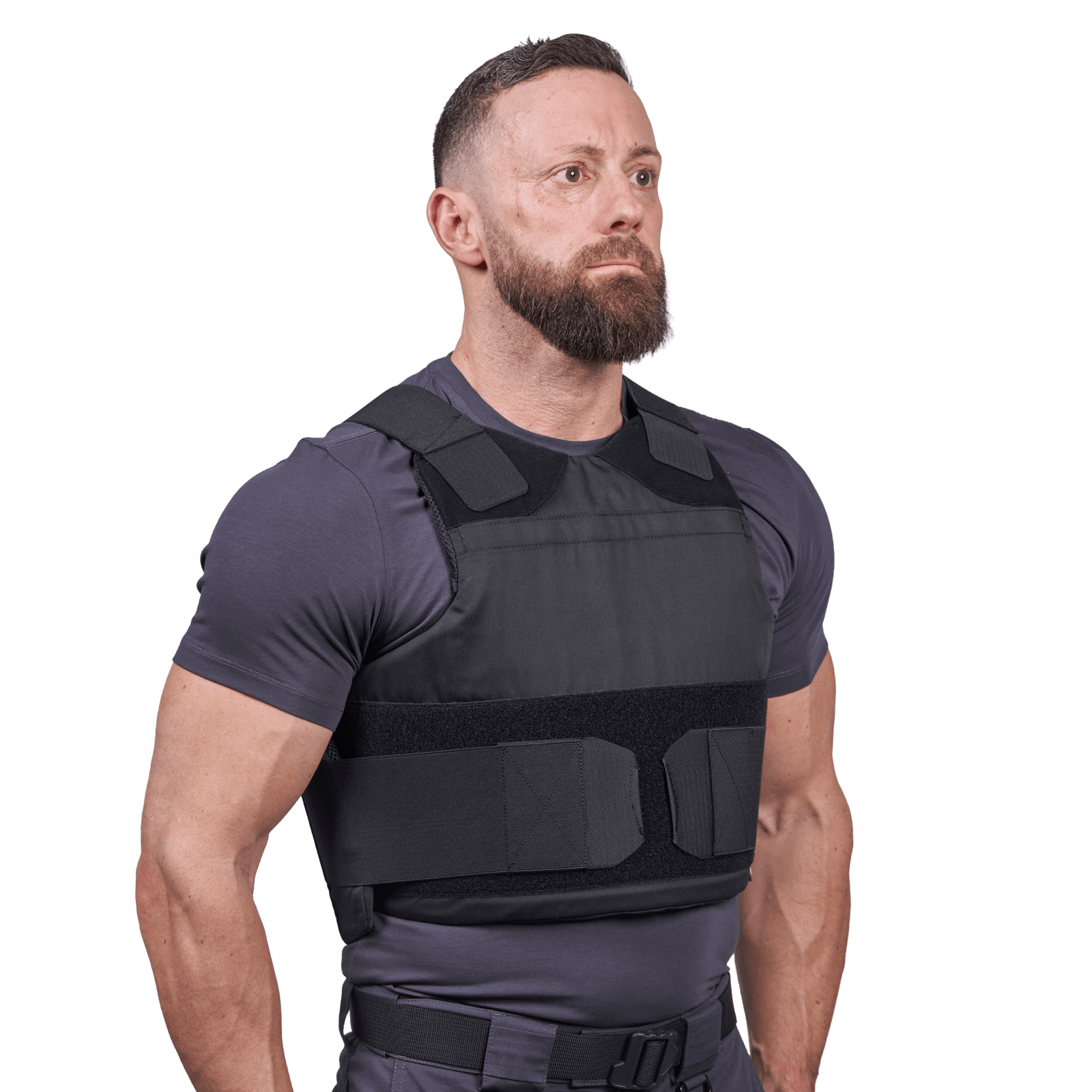 Mand iført Elite Armor Impact stik og skudsikker vest - set forfra i vinkel