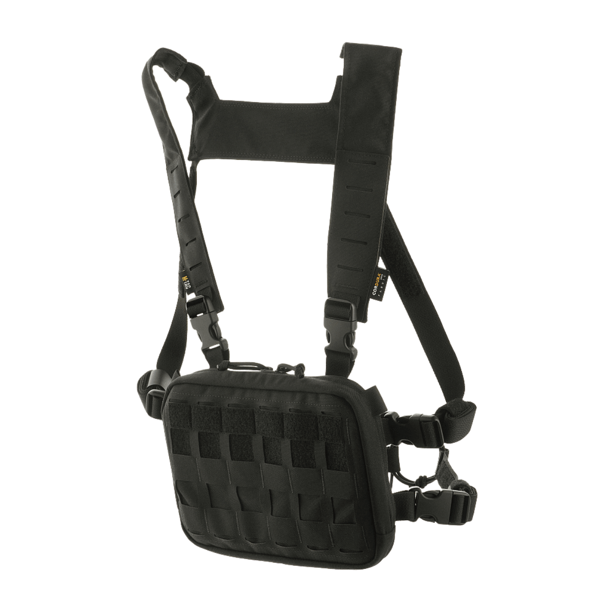 M-Tac Chest Rig Elite med MOLLE Laser Cut paneler og H-sele, perfekt til EDC og taktisk brug. Materiale: Cordura 500, dimensioner: 28x30x5 cm.